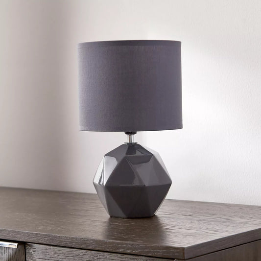 Geometric Faceted Ceramic Table Lamp with Grey Fabric Shade - 30 cm