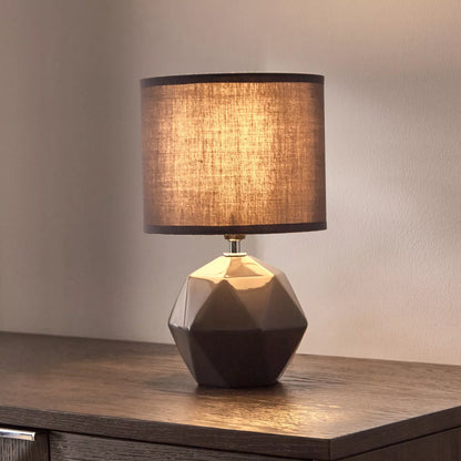 Geometric Faceted Ceramic Table Lamp with Grey Fabric Shade - 30 cm