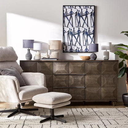 Geometric Faceted Ceramic Table Lamp with Grey Fabric Shade - 30 cm