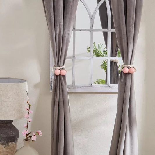 Boho Beaded Rope Curtain Tie-Backs - Velvet & Window Mirror Accent - Set of 2