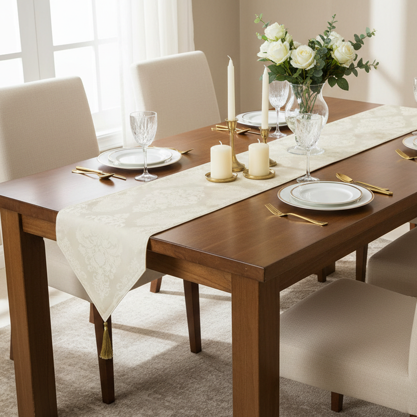 Dining table set with plates, glasses, candles, and flowers in a bright room.