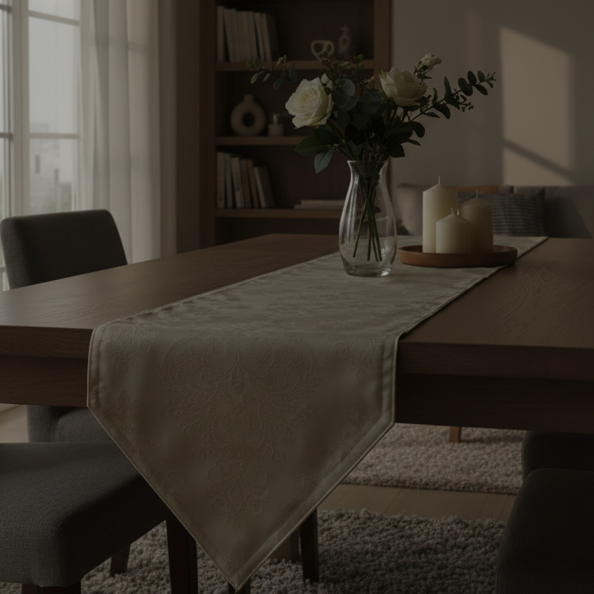 Dining room with wooden table, chairs, and a vase of flowers.