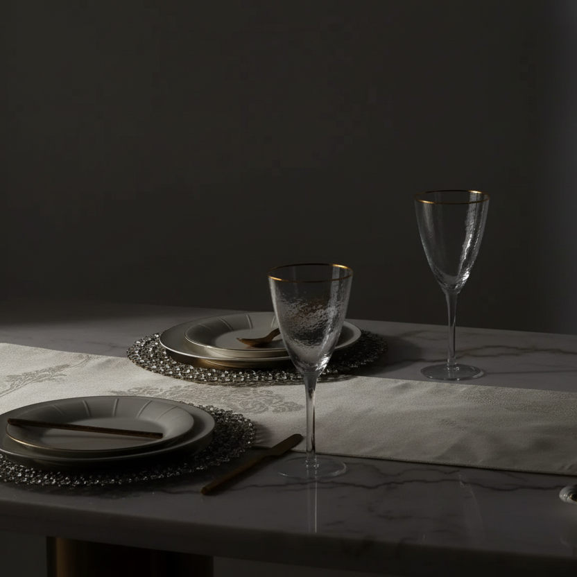 Dining table setting with plates, cutlery, and glasses on a marble surface.