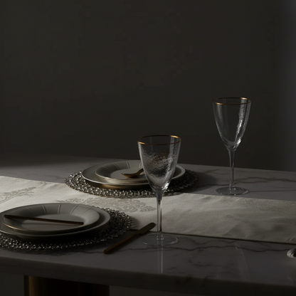 Dining table setting with plates, cutlery, and glasses on a marble surface.
