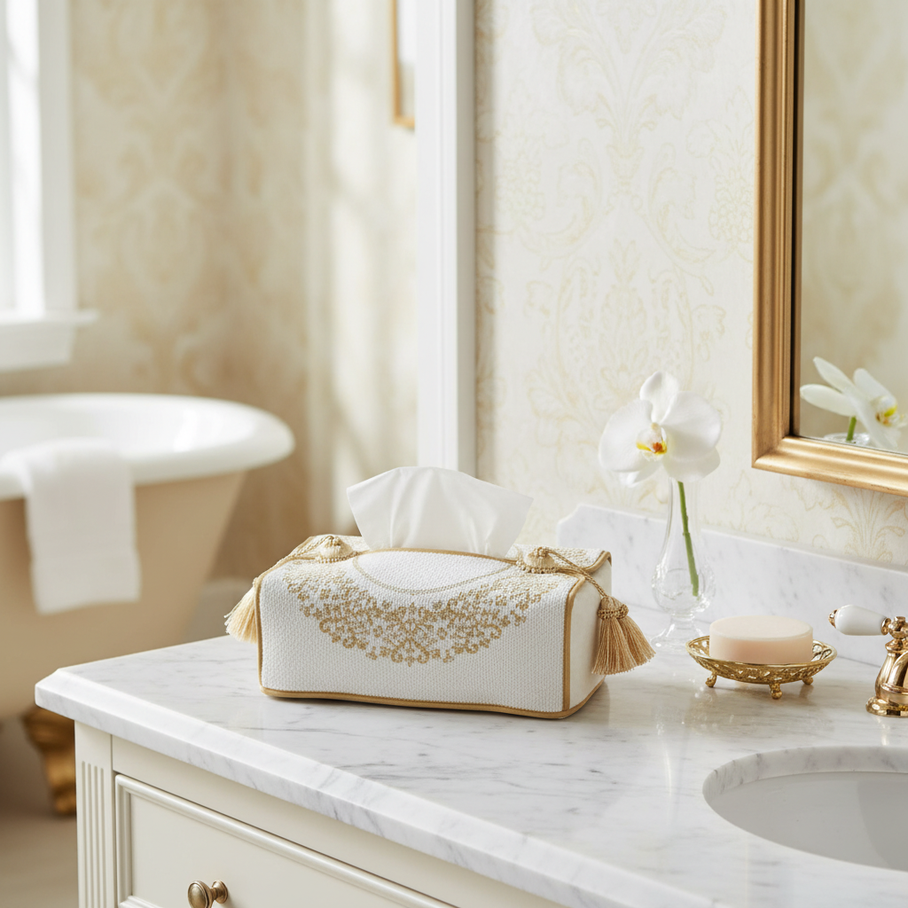 Decorative tissue box on a bathroom counter with a sink and mirror in the background