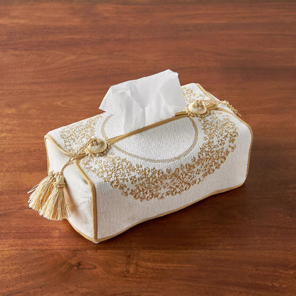 Elegant Gold Embroidered Tissue Box Cover with Tassels