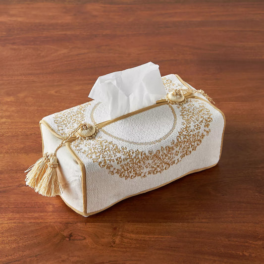 Elegant Gold Embroidered Tissue Box Cover with Tassels