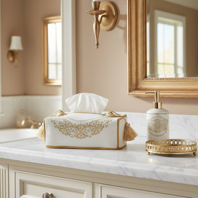 Decorative tissue box, soap dispenser, and tray on a bathroom counter with gold accents.