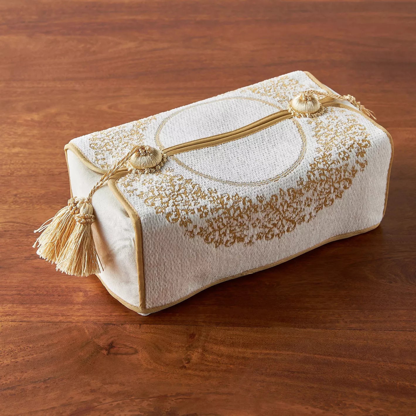 Elegant Gold Embroidered Tissue Box Cover with Tassels
