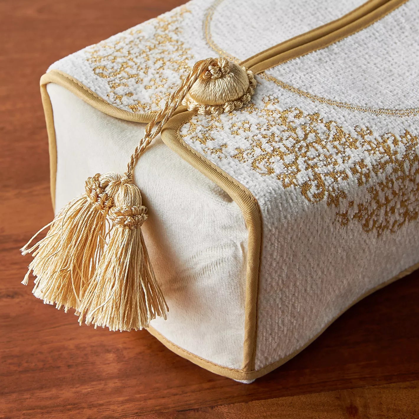 Elegant Gold Embroidered Tissue Box Cover with Tassels