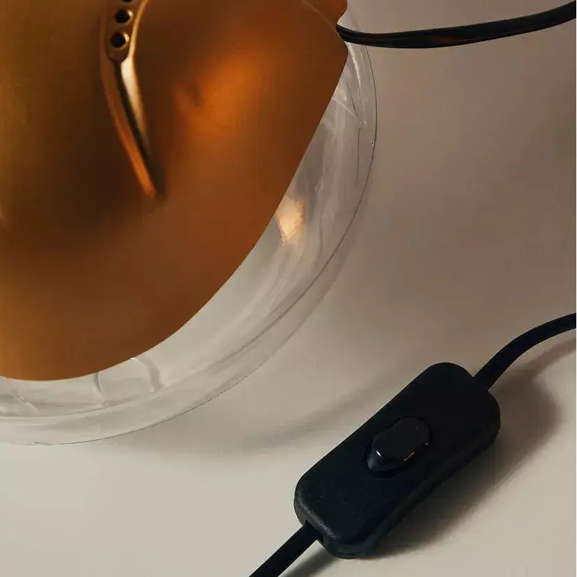 Black electronic device with a cable next to a transparent container on a light background