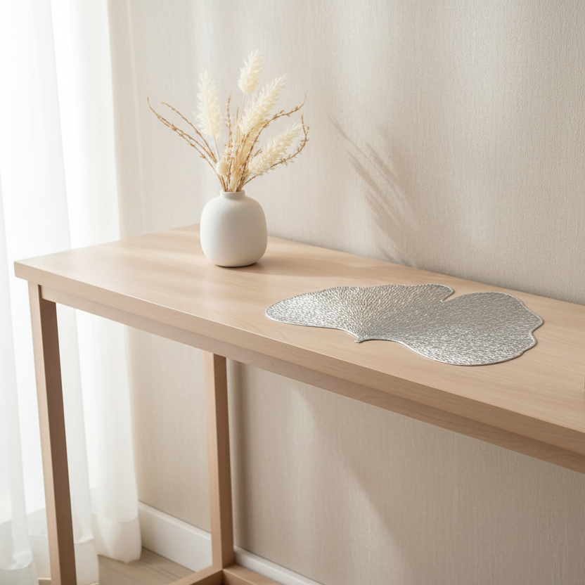 Decorative leaf-shaped silver placemat on a wooden table with a vase of dried plants.