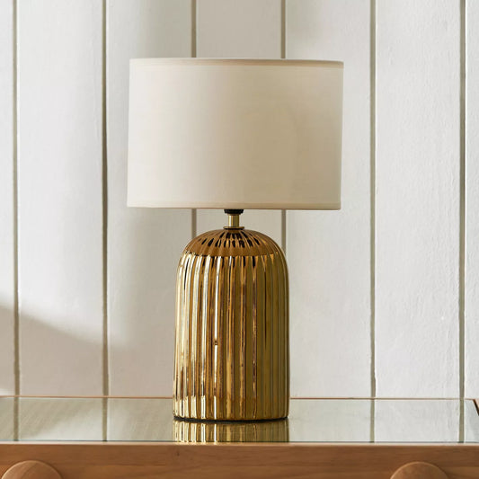 Modern Gold Ribbed Textured Table Lamp with Rectangular Fabric Shade - 38 cm