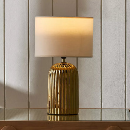 Modern Gold Ribbed Textured Table Lamp with Rectangular Fabric Shade - 38 cm