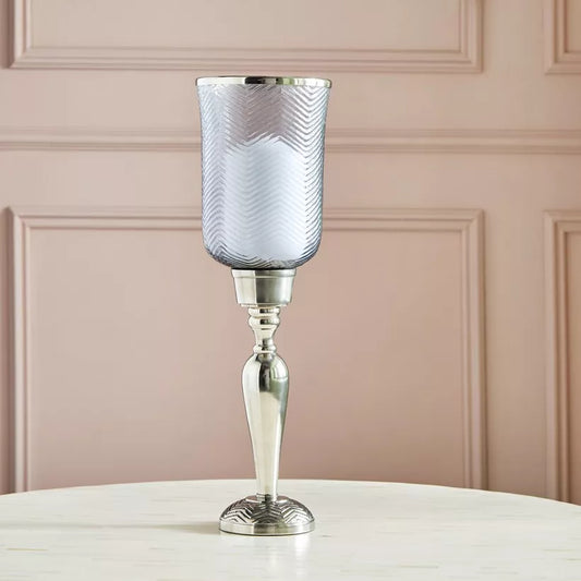 Elegant Silver Pedestal Candle Holder with Textured Glass Hurricane & Nickel Metal Base (Large)