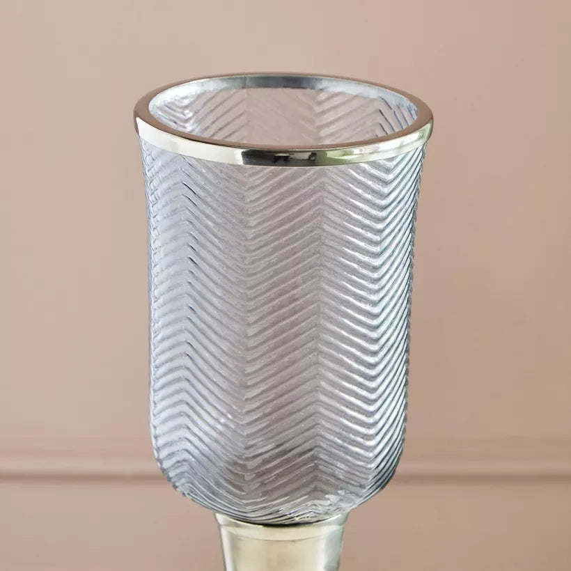 Elegant Silver Pedestal Candle Holder with Textured Glass Hurricane & Nickel Metal Base (Large)