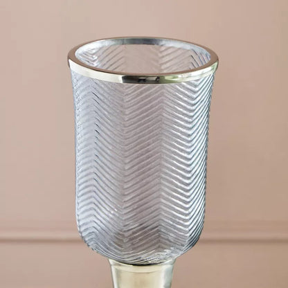 Elegant Silver Pedestal Candle Holder with Textured Glass Hurricane & Nickel Metal Base (Large)