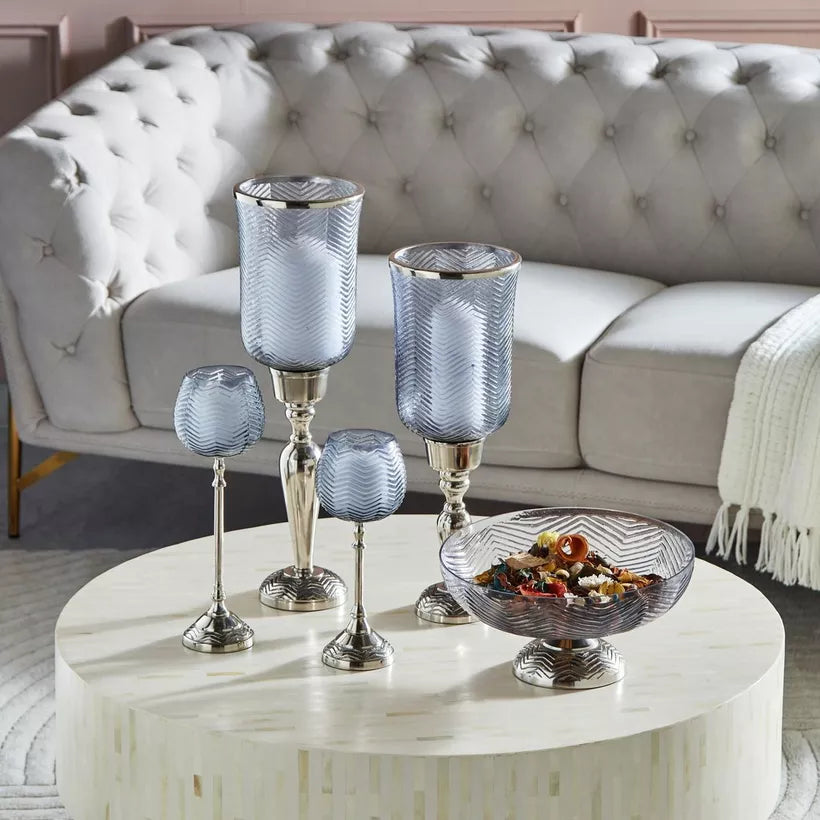 Elegant Silver Pedestal Candle Holder with Textured Glass Hurricane & Nickel Metal Base (Large)