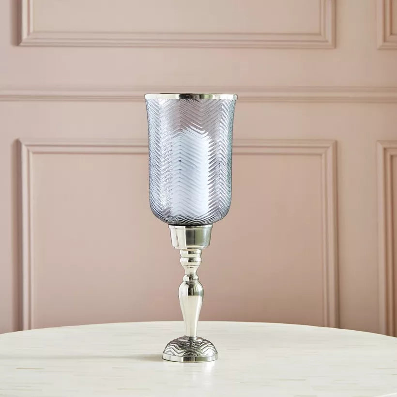 Suave Textured Hurricane Glass with Nickel Metal Base (Medium)