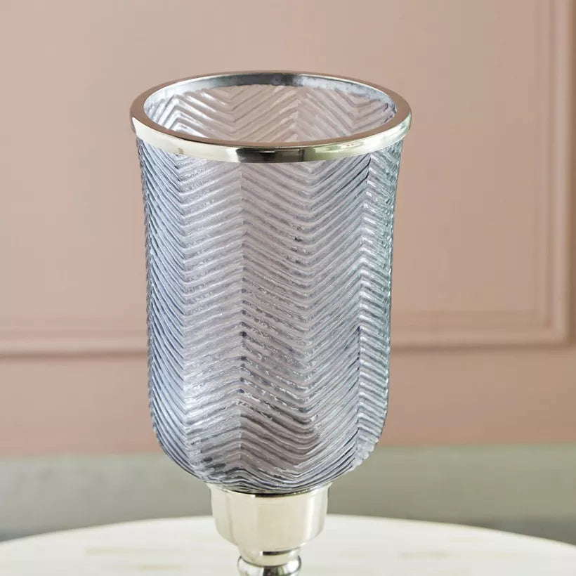 Suave Textured Hurricane Glass with Nickel Metal Base (Medium)
