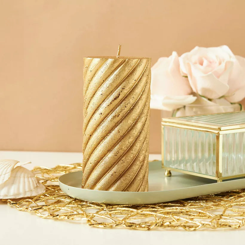 Luxurious Gold Spiral Pillar Candle – Decorative Textured Accent