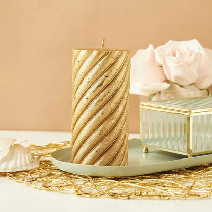 Luxurious Gold Spiral Pillar Candle – Decorative Textured Accent