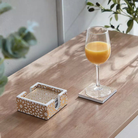 Moroccan Gold Geometric Coaster Set with Holder - 4-Piece Coaster Set