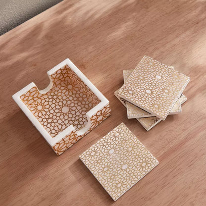 Moroccan Gold Geometric Coaster Set with Holder - 4-Piece Coaster Set