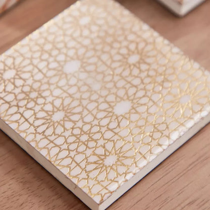 Moroccan Gold Geometric Coaster Set with Holder - 4-Piece Coaster Set
