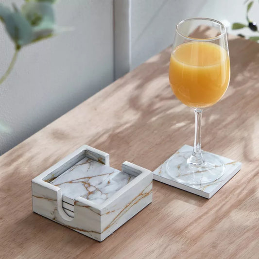 Luxurious White & Gold Marble Print Coaster Set with Holder