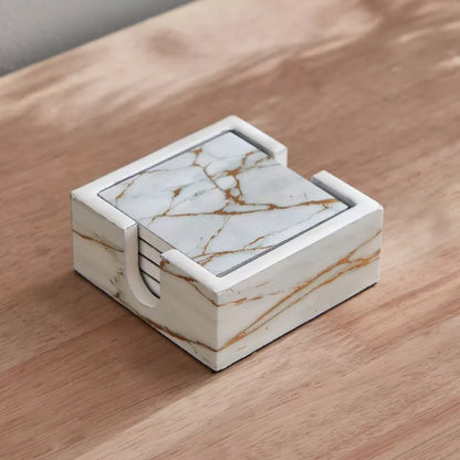 Luxurious White & Gold Marble Print Coaster Set with Holder