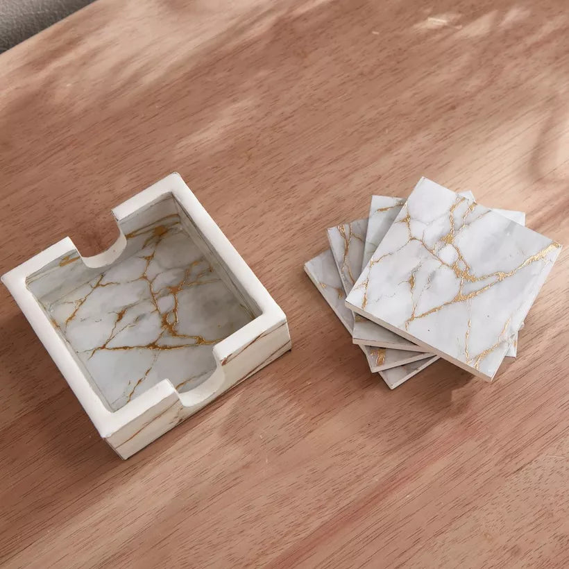 Luxurious White & Gold Marble Print Coaster Set with Holder