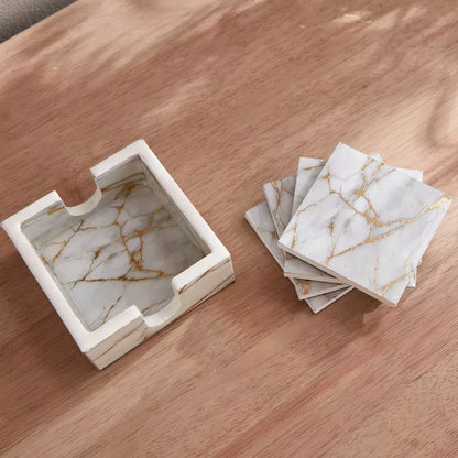Luxurious White & Gold Marble Print Coaster Set with Holder