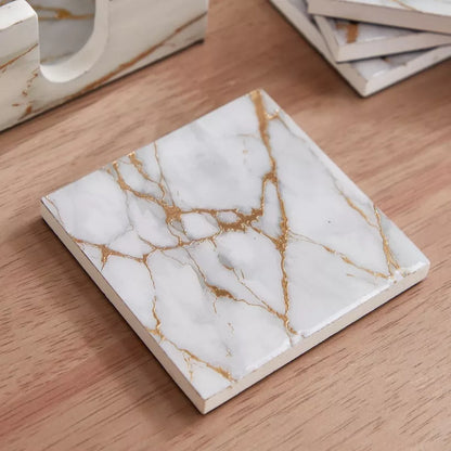 Luxurious White & Gold Marble Print Coaster Set with Holder