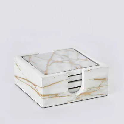 Luxurious White & Gold Marble Print Coaster Set with Holder