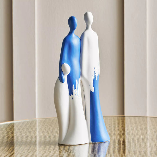 Modern Abstract Duo Figurine with Blue and White Drip Art