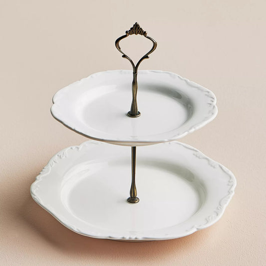 Classic White Porcelain Two-Tier Dessert Stand with Antique Bronze Handle