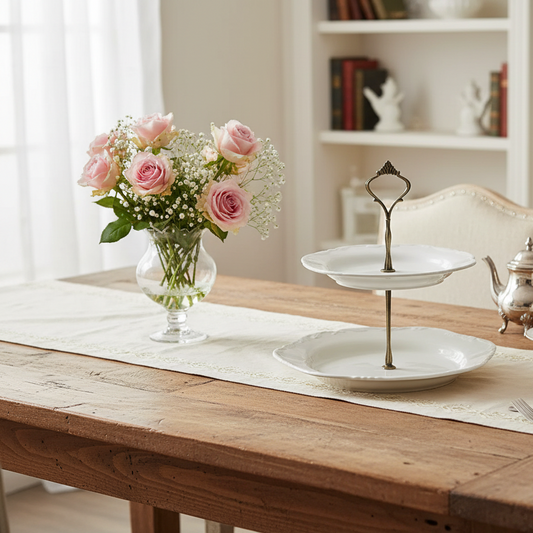Bouquet of pink roses in a vase on a wooden table with a two-tiered white dish and silver teapot.
