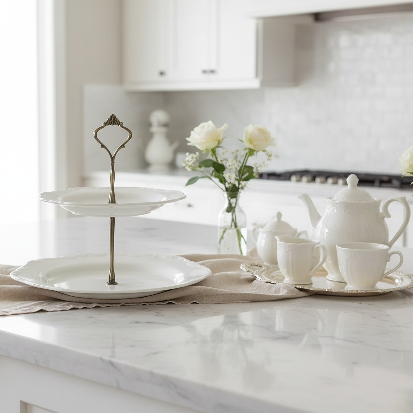 White ceramic cake stand  on a marble countertop 
