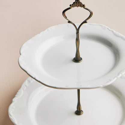 Classic White Porcelain Two-Tier Dessert Stand with Antique Bronze Handle