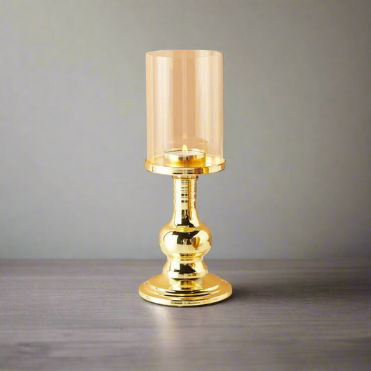 Elegant Gold Pillar Candle Holder with Glass Hurricane – Classic & Protective Centerpiece
