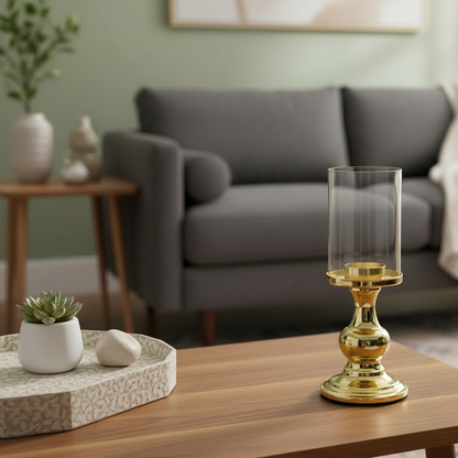 Elegant Gold Pillar Candle Holder with Glass Hurricane – Classic & Protective Centerpiece