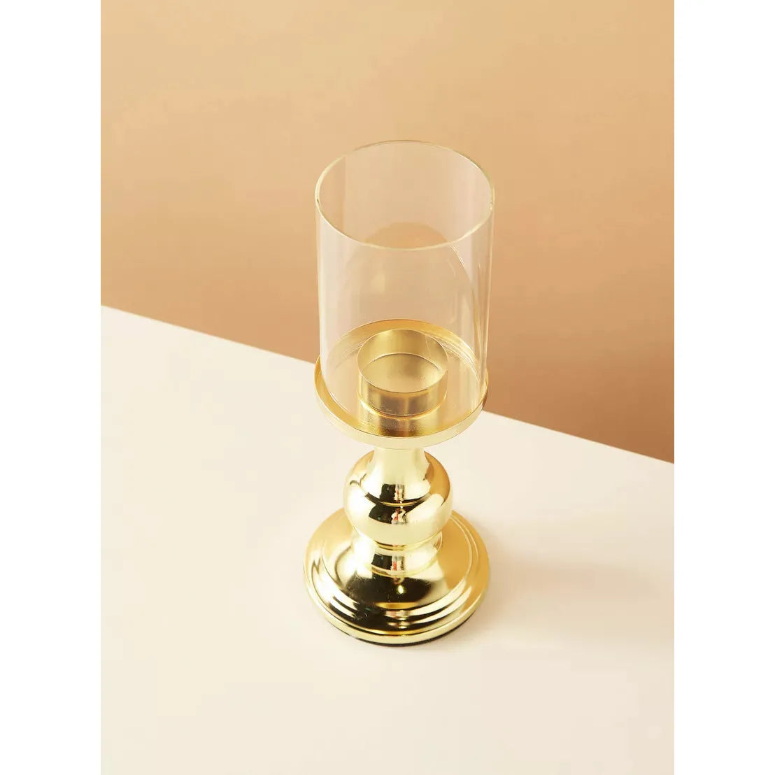 Elegant Gold Pillar Candle Holder with Glass Hurricane – Classic & Protective Centerpiece