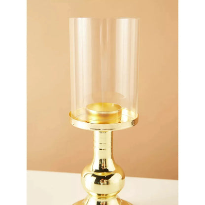 Elegant Gold Pillar Candle Holder with Glass Hurricane – Classic & Protective Centerpiece