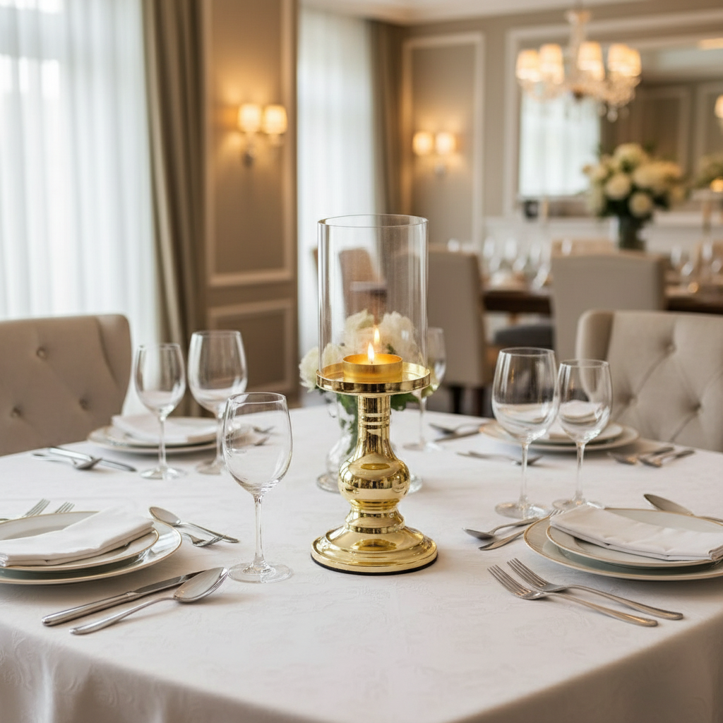 Elegant dining table setting with gold candle holder in a stylish room.
