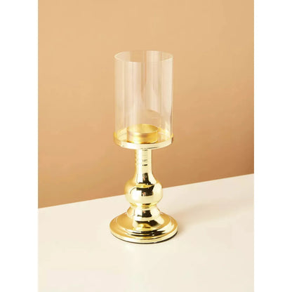 Elegant Gold Pillar Candle Holder with Glass Hurricane – Classic & Protective Centerpiece