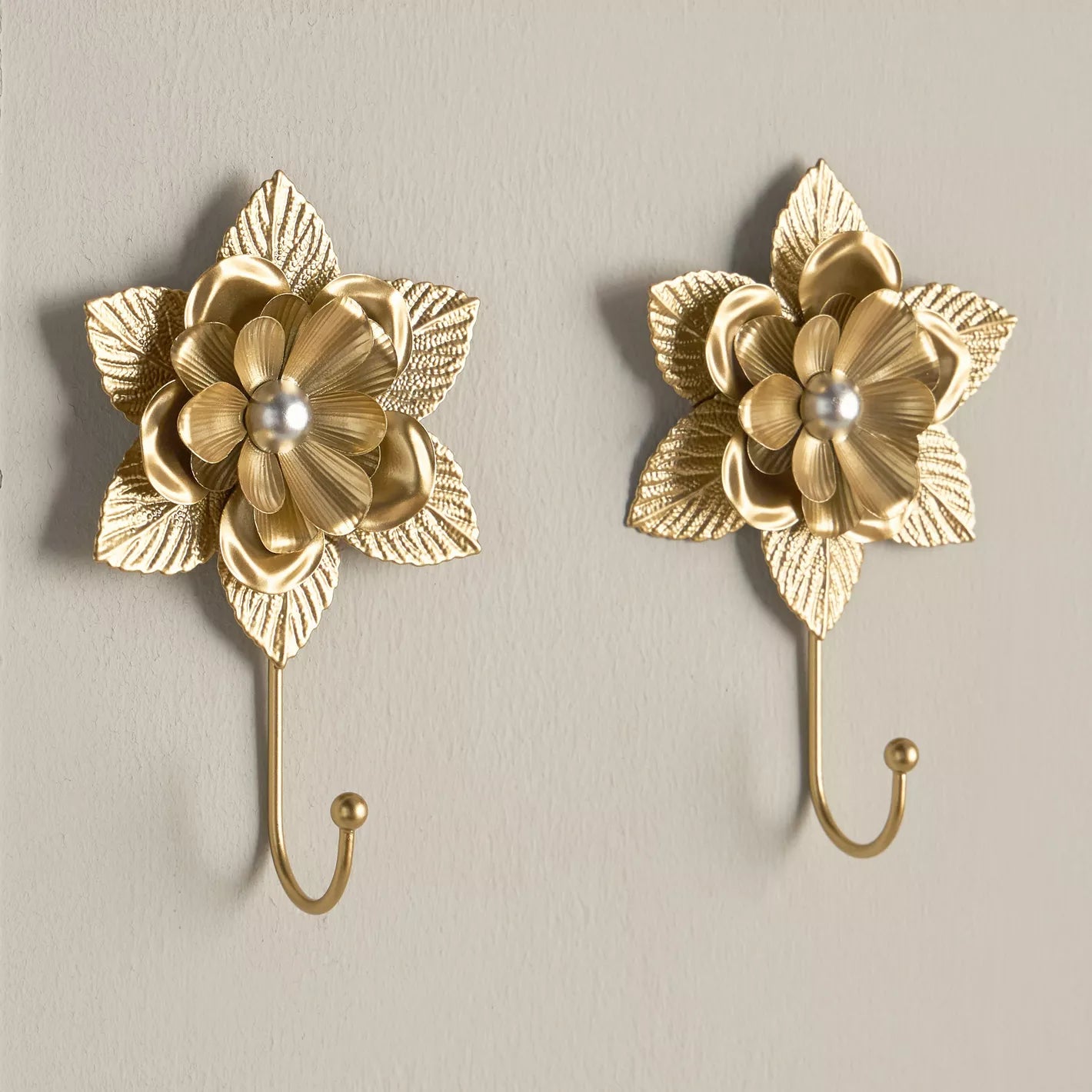 Elegant Golden Floral Wall Hooks - Set of 2