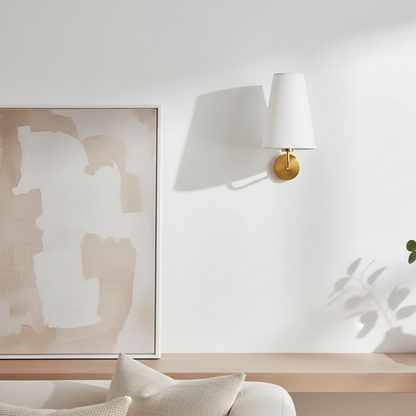 Elegant Gold Wall Sconce with Tapered White Fabric Shade