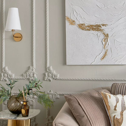 Elegant Gold Wall Sconce with Tapered White Fabric Shade