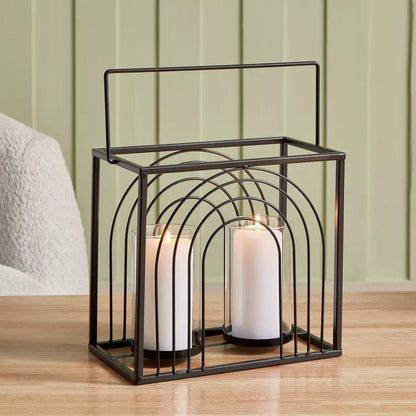 Modern Black Metal Ribbed Candleholder with Glass Votive